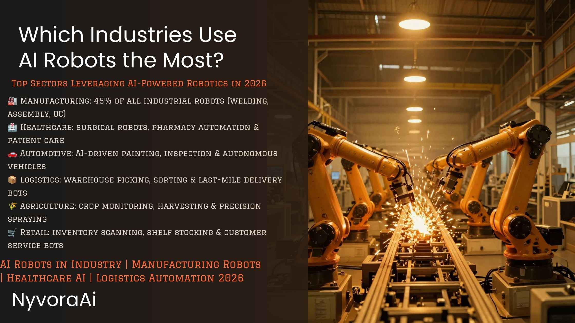 Which industries use AI robots the most - a split screen showing a robotic arm in a factory and a surgical robot in a hospital