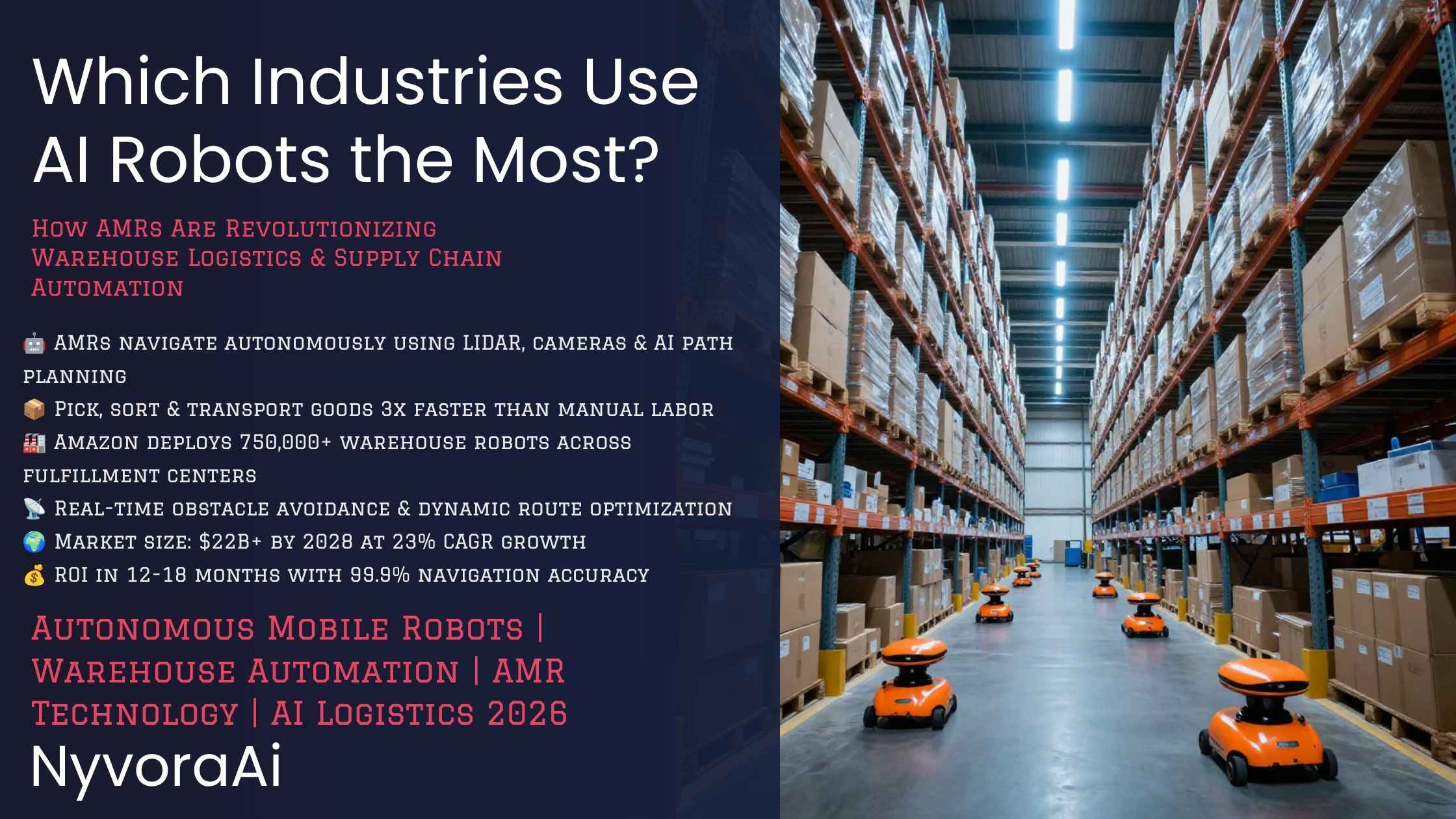 Which industries use AI robots the most - autonomous mobile robots navigating a massive warehouse shelf system