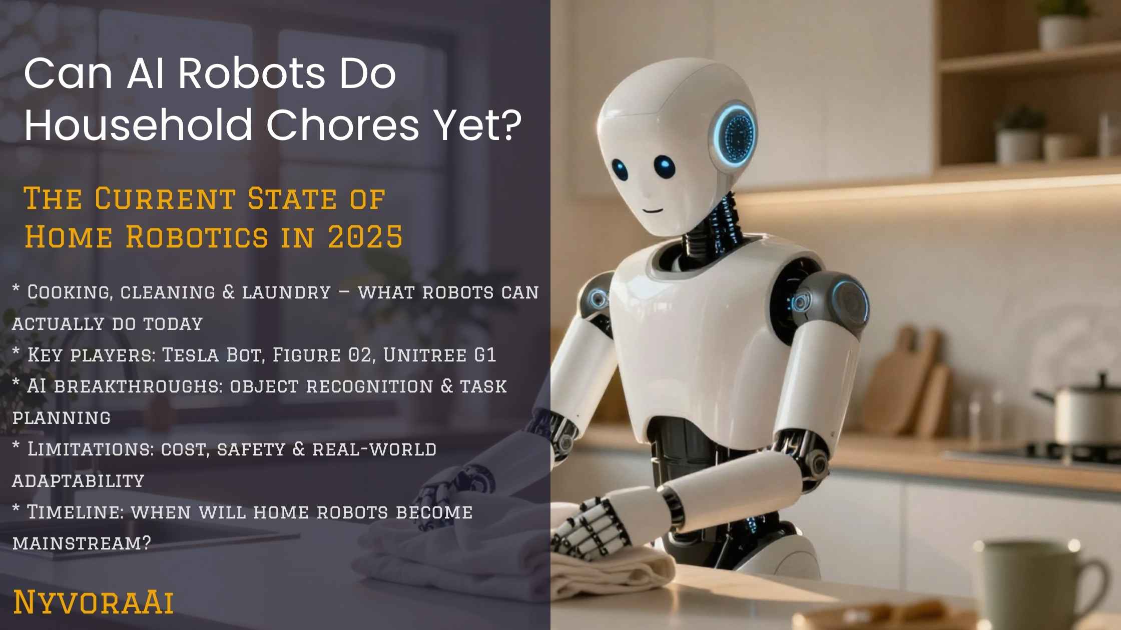 Can AI robots do household chores yet - modern home with robot vacuum, robotic arm folding laundry, and smart home devices