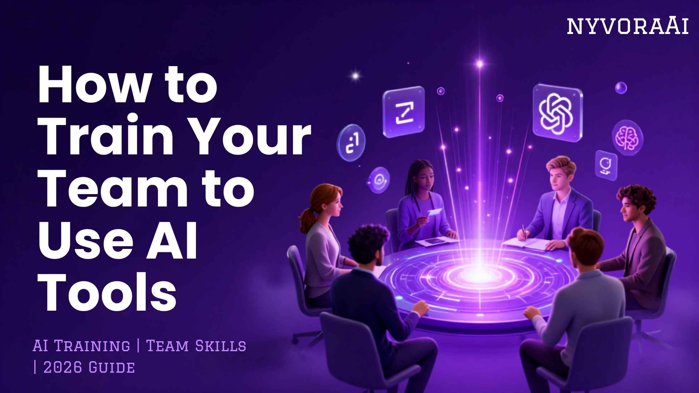 How to train your team to use AI tools - a collaborative workshop setting showing employees learning prompt engineering and AI software