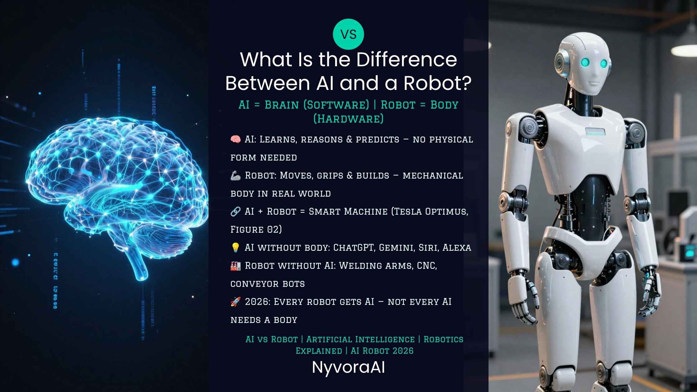 what is the difference between AI and a robot - side by side comparison of a glowing AI brain and a physical robotic arm