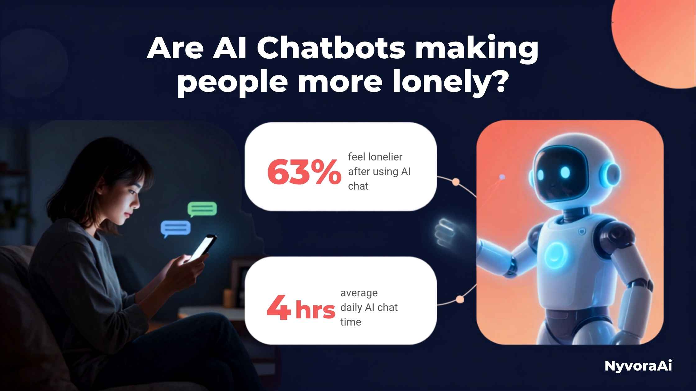 Are AI chatbots making people more lonely - Illustration of a person sitting in a dark room illuminated only by a smartphone screen displaying a glowing AI avatar