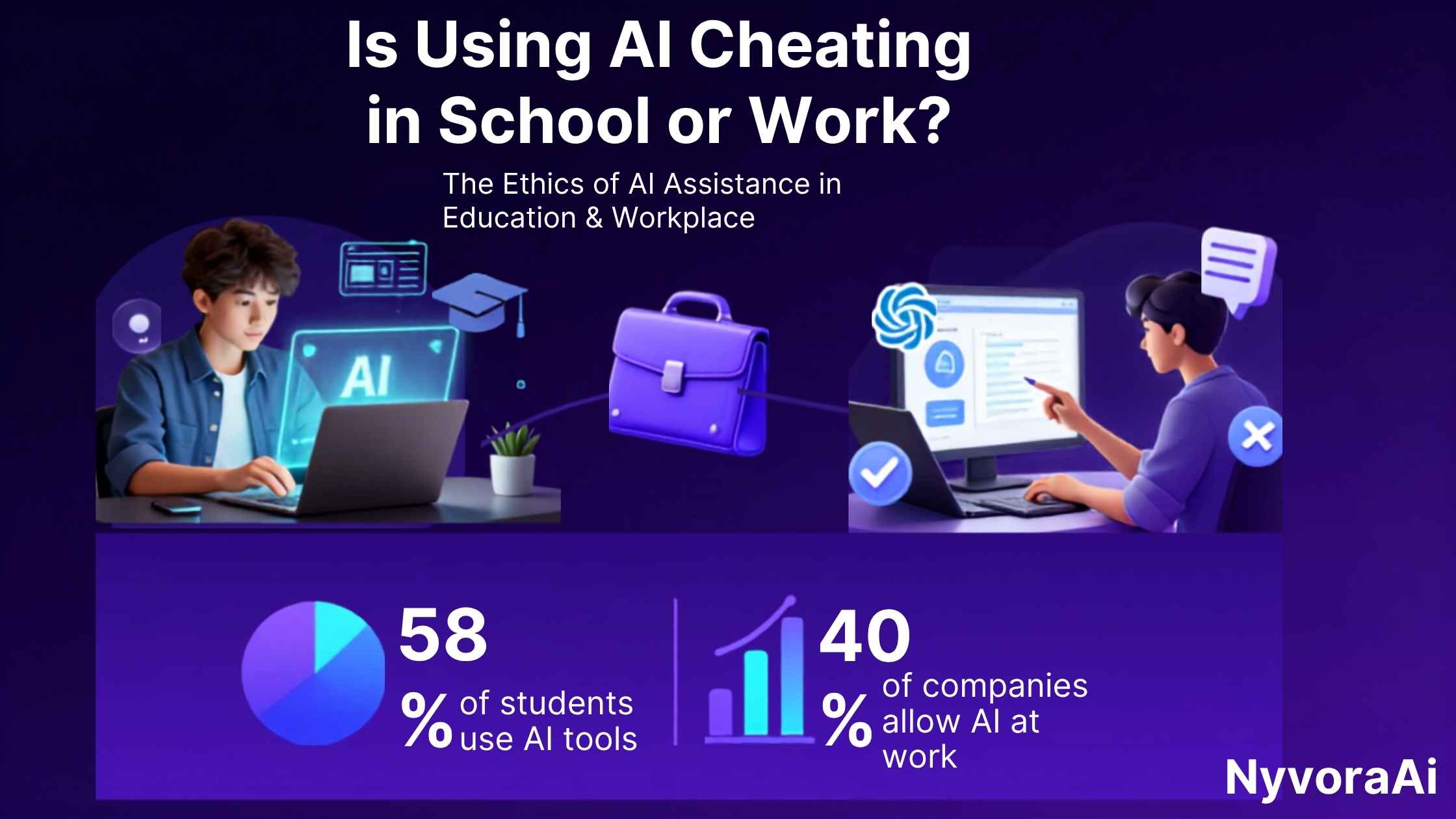 Is using AI cheating in school or work - A conceptual illustration of a student and professional balancing a glowing AI brain and traditional tools