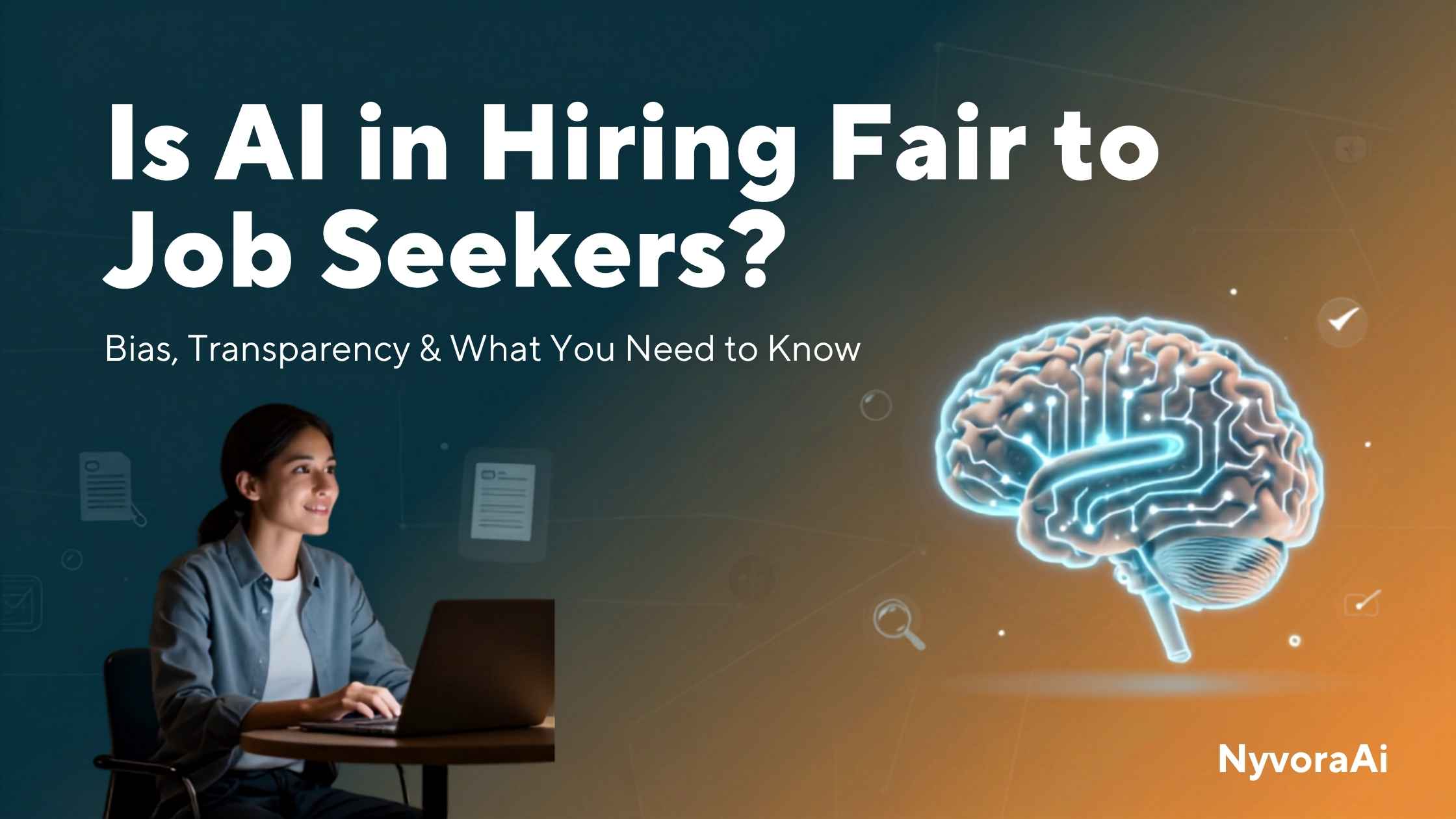 Is AI in hiring fair to job seekers - Digital illustration of a glowing AI robot scanning a stack of resumes with a magnifying glass, symbolizing algorithmic screening