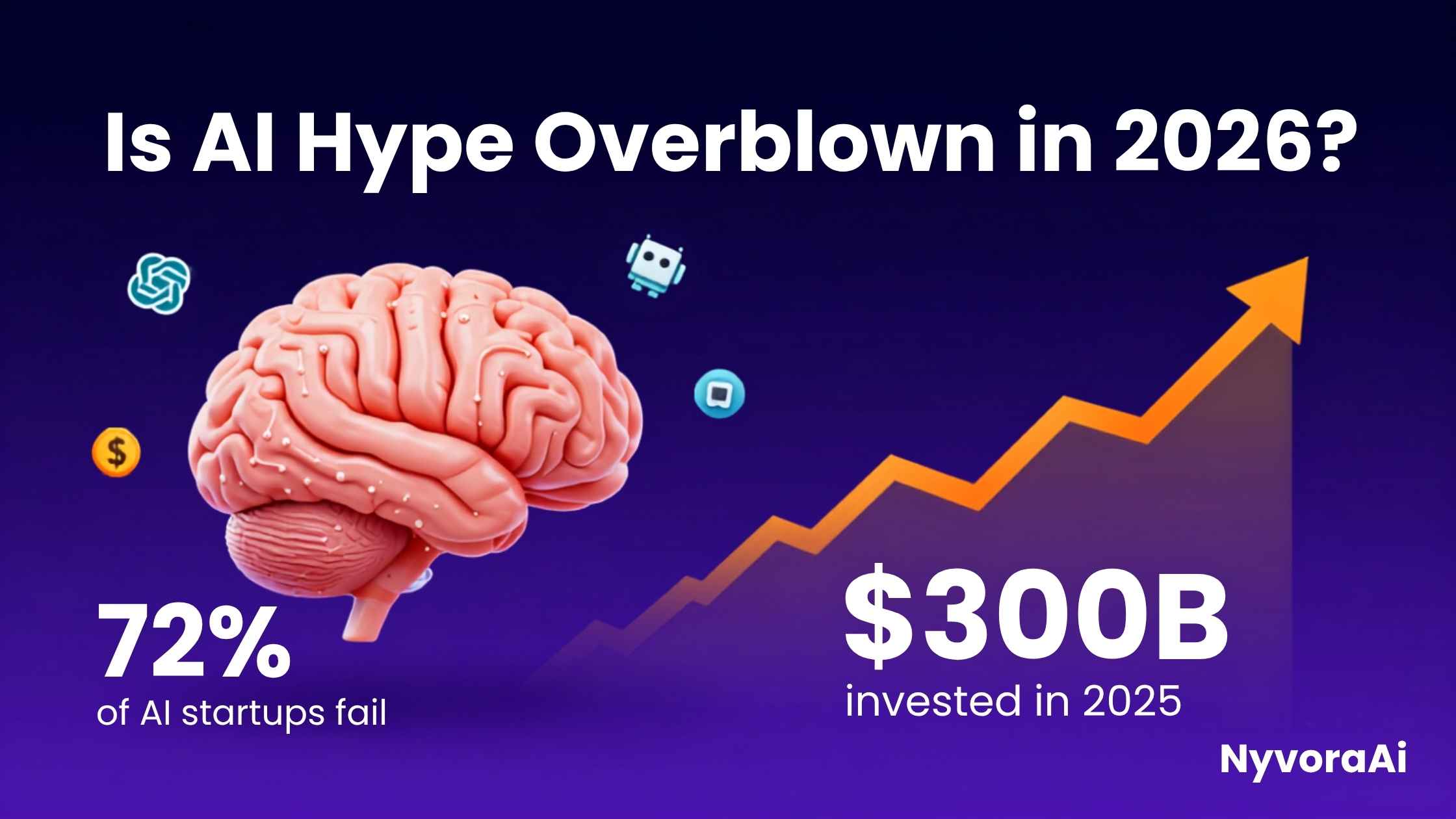 Is AI hype overblown in 2026 - A conceptual illustration showing a giant glowing AI brain surrounded by both glowing success metrics and broken empty promises