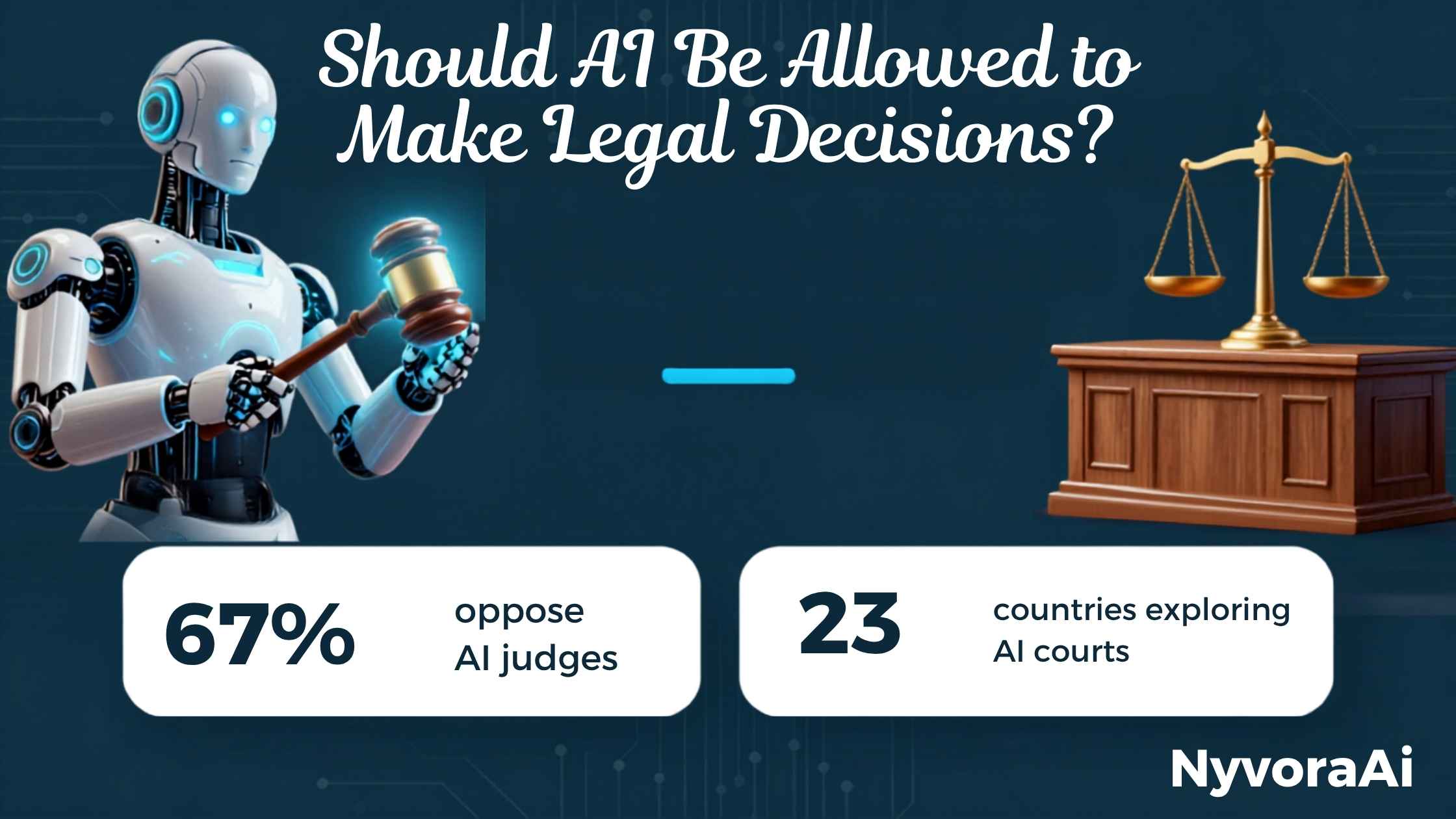 Should AI be allowed to make legal decisions - A conceptual illustration of a glowing AI server rack sitting on a traditional wooden judge's bench in a dark courtroom