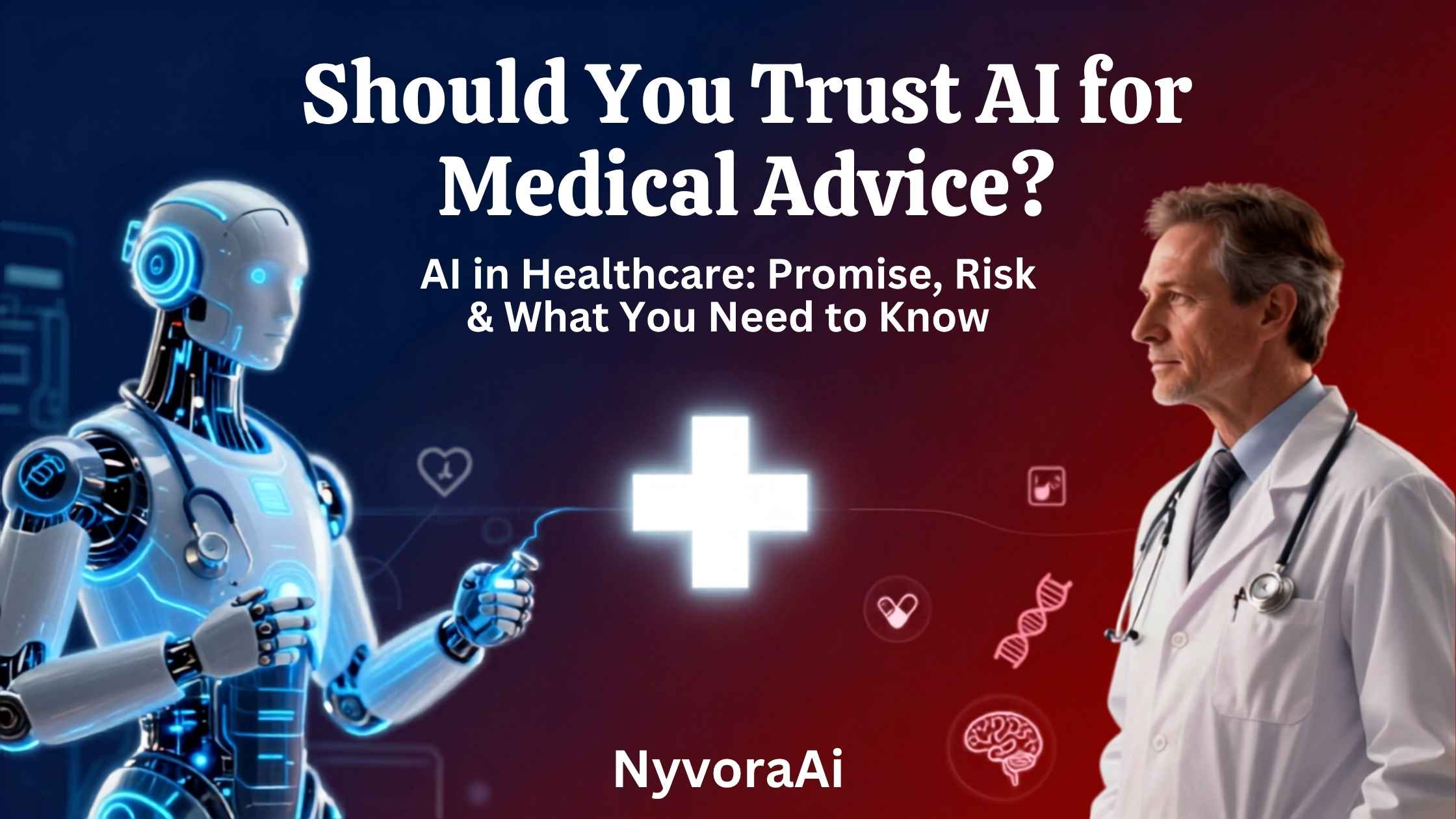 Should you trust AI for medical advice - A futuristic digital illustration showing a glowing AI interface analyzing a human heartbeat next to a doctor