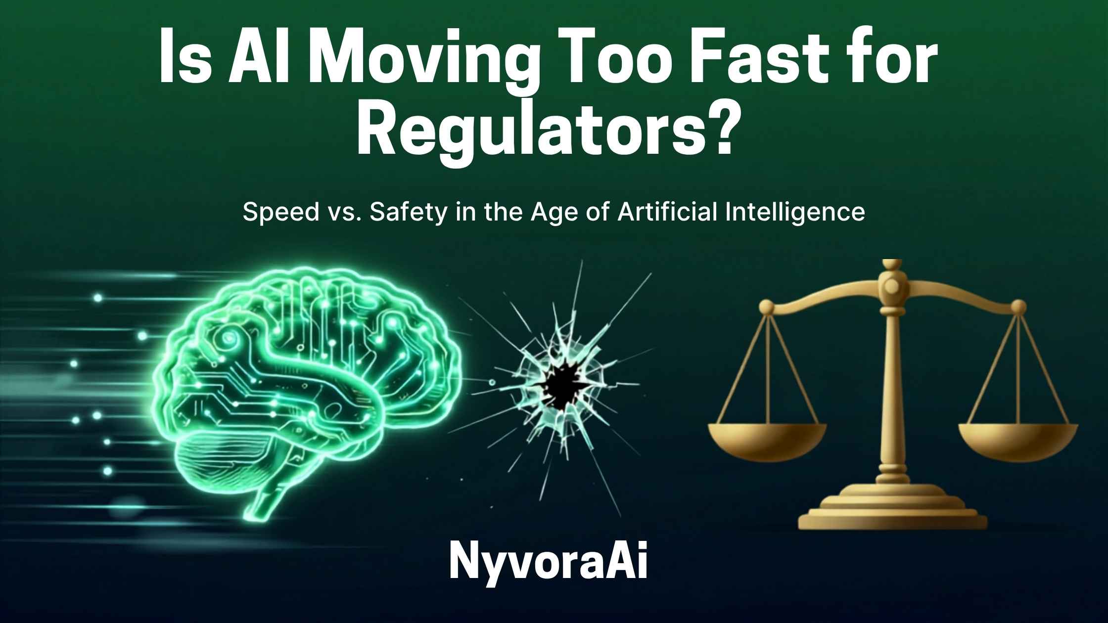 Is AI moving too fast for regulators - Illustration of a slow-moving government building overshadowed by a rapidly glowing, futuristic AI neural network