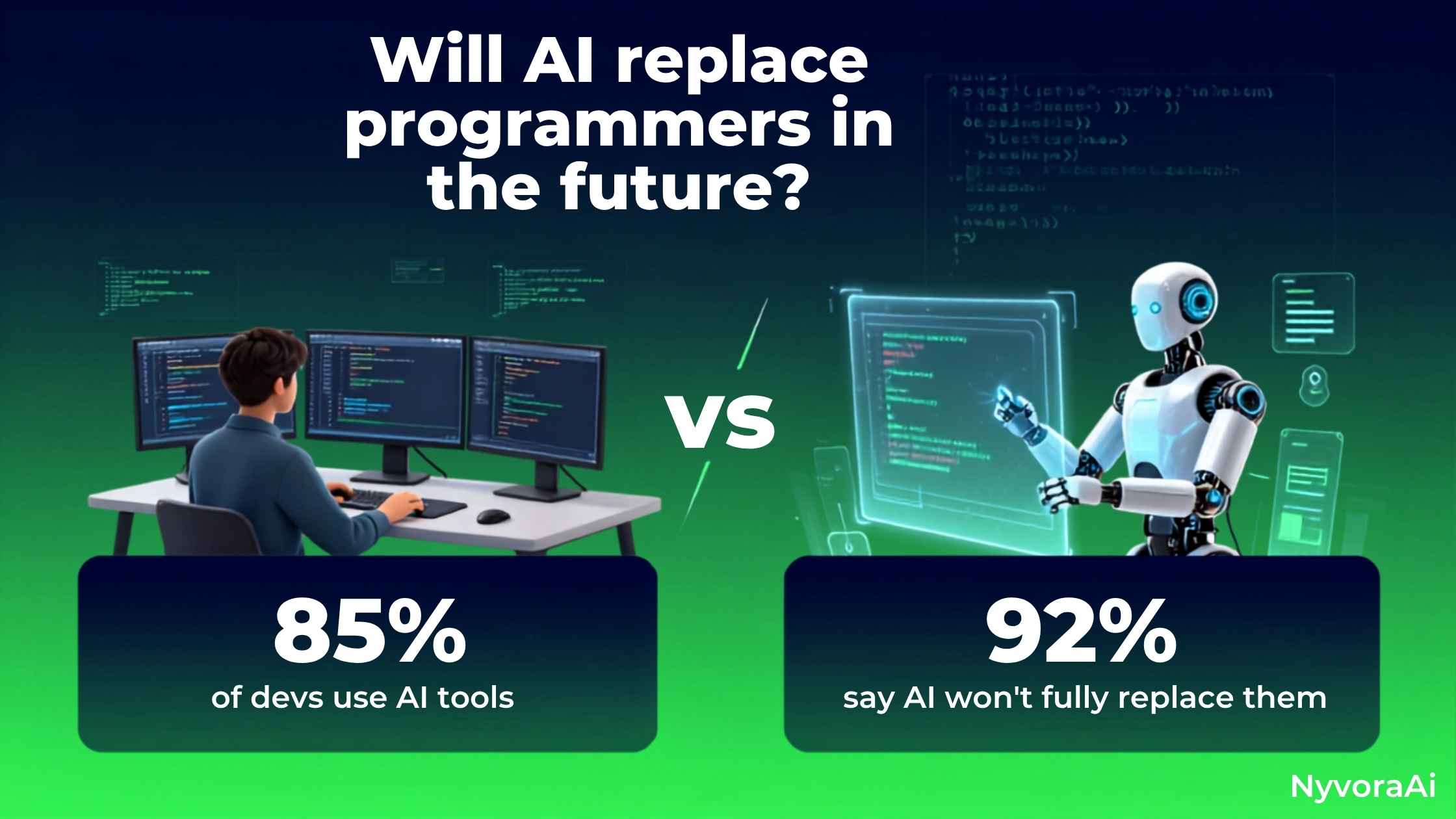 Will AI replace programmers in the future - Illustration of a human developer collaborating with a glowing AI holographic code interface
