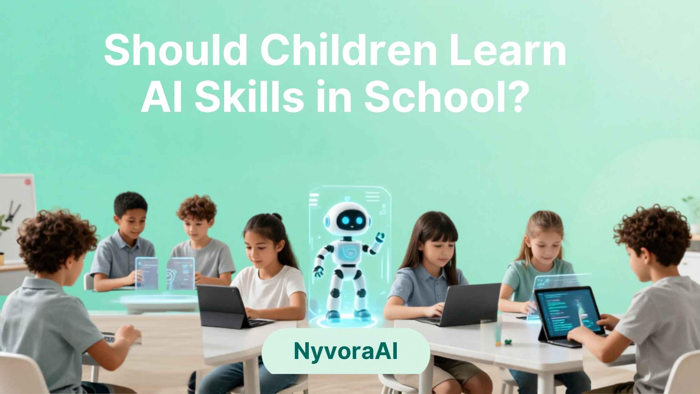Should children learn AI skills in school - Illustration of a diverse classroom of students interacting with futuristic AI learning interfaces and coding blocks