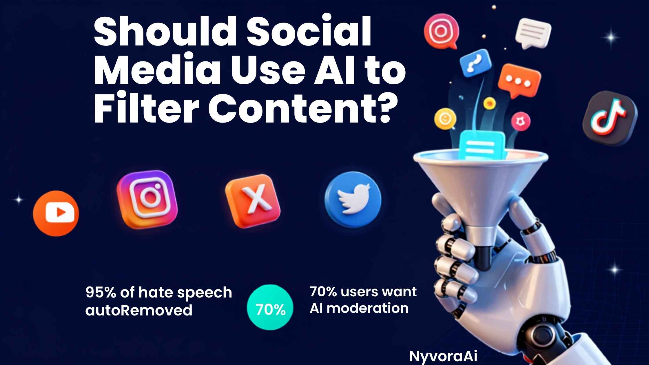 Should social media use AI to filter content - Illustration of a glowing digital shield filtering a chaotic stream of social media posts and deepfakes