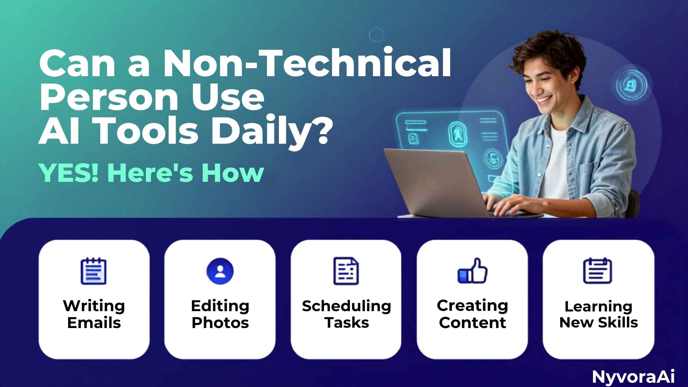 Can a non-technical person use AI tools daily - illustration of a diverse group of people using smartphones and laptops to interact with AI assistants in everyday settings