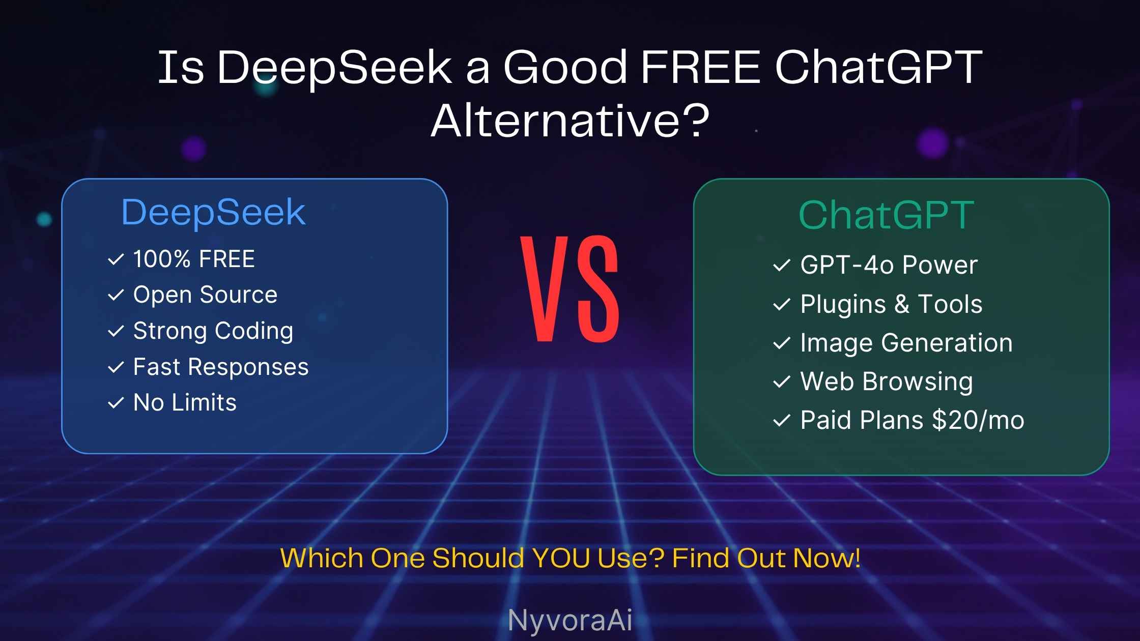 Is DeepSeek a good free ChatGPT alternative - A split digital illustration comparing the DeepSeek logo and interface with the classic ChatGPT chat window