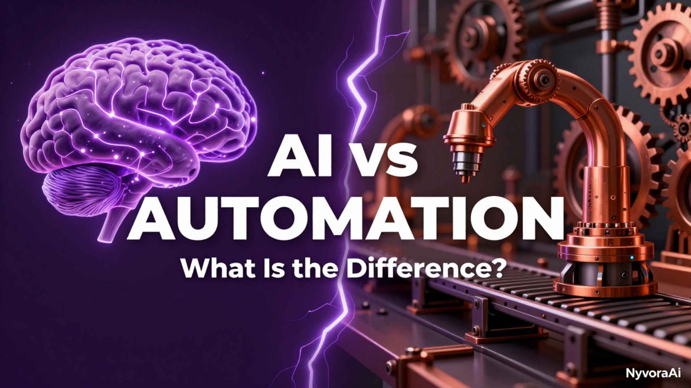 What is the difference between AI and automation - illustration of a rule-based gear system next to a learning neural network