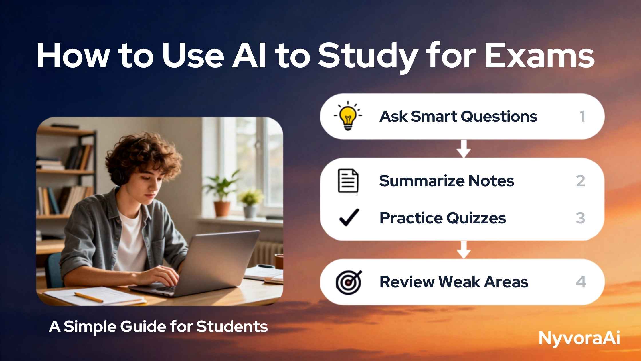 How to use AI to study for exams - student using an AI chatbot on a laptop surrounded by study notes and textbooks