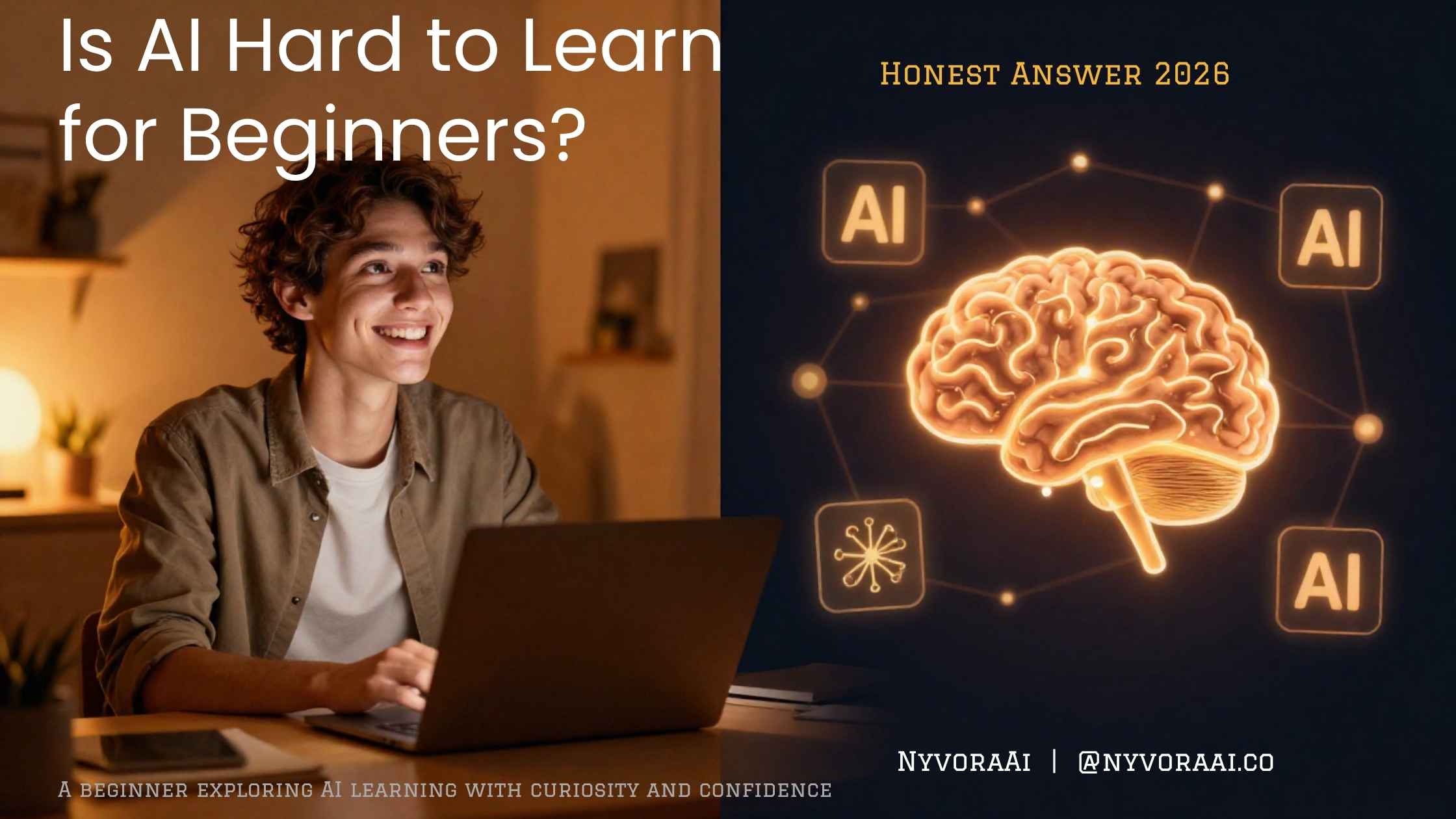 Is AI hard to learn for beginners - visual comparison showing easy AI tool usage vs complex AI development with difficulty scale