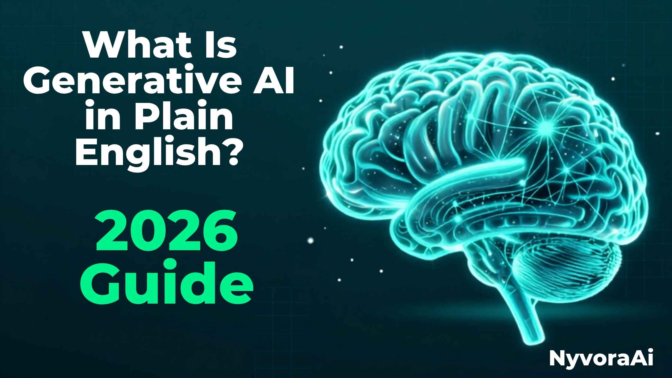 What is generative AI in plain English - visual illustration showing a human typing a prompt on a laptop and an AI robot generating text, images, and music files in response