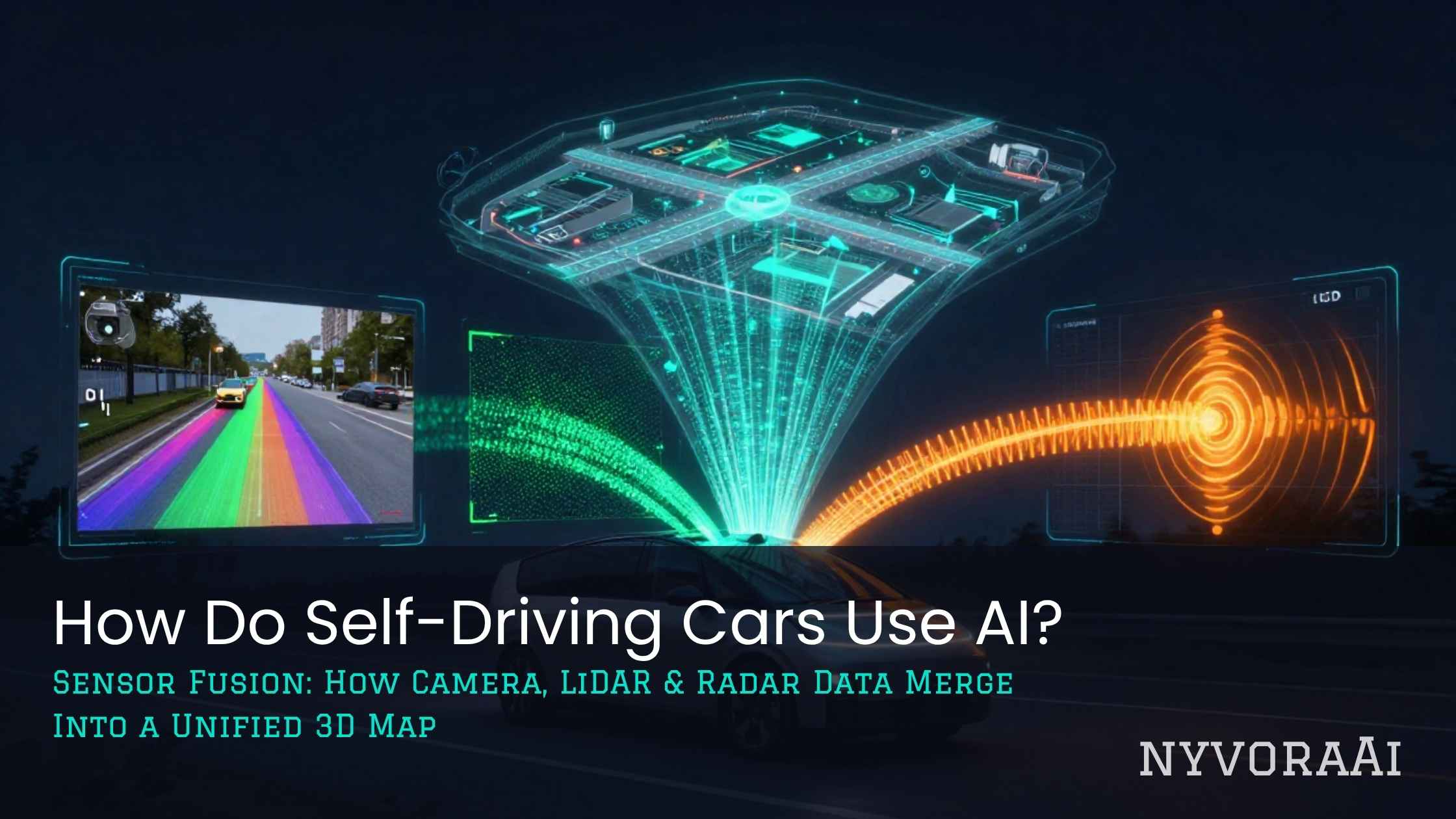 How do self-driving cars use AI - sensor fusion visualization showing camera, LiDAR, and radar data merging into unified 3D map